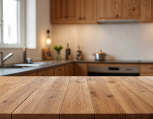 Empty wooden table with the bright white interior of the kitchen as a blurred background behind the bokeh golden sunshine