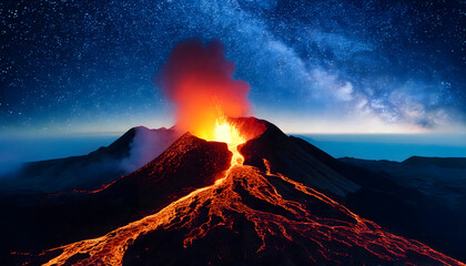 Powerful Volcanic Eruption Beneath the Sparkling Cosmos

