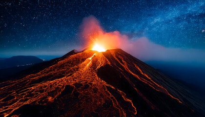 Majestic Volcano Erupting at Night with Fiery Lava Flow

