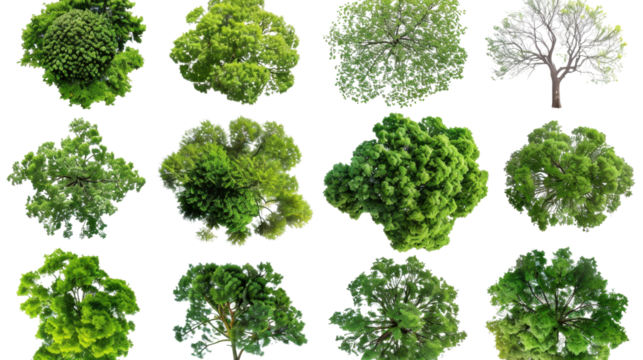 Top view of twelve lush green trees isolated on transparent background