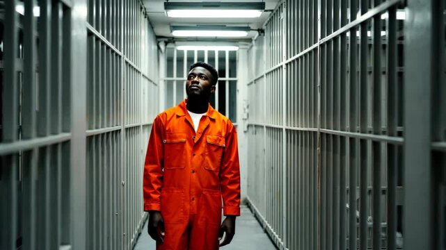 Young Black man in orange jumpsuit standing in a prison cell hallway, medium shot