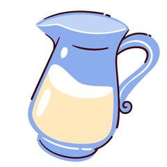Glass jug of milk. Transparent pitcher with handle and fresh organic cow milk, cream. Calcium food, dairy product mascot, creamer, jar of natural liquid cartoon vector illustration
