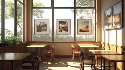Fototapeta premium Sunny cafe interior with framed photos