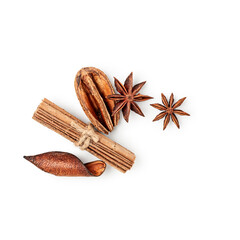 Spices anise and cinnamon photography isolated on white background. Clipping path. Original shadow.