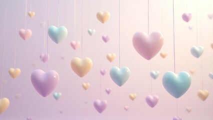 Soft pastel hearts hang against a light background, creating a whimsical and romantic atmosphere.