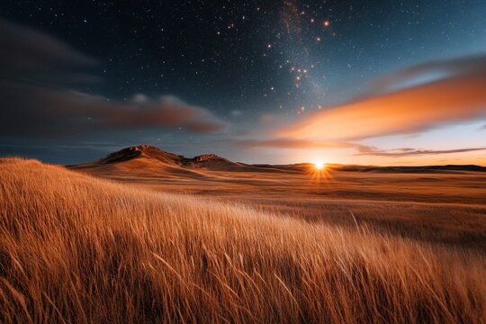 A time-lapse of the Taurus constellation above a meadow, with the red star Aldebaran glowing prominently