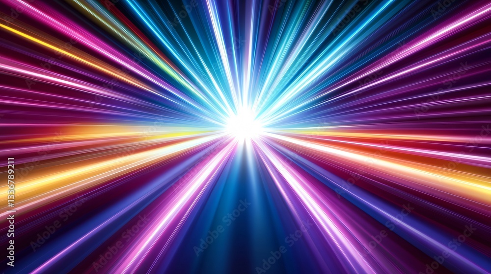 Poster colorful neon beams in a line design that evokes extremely fast travel through space and converge on