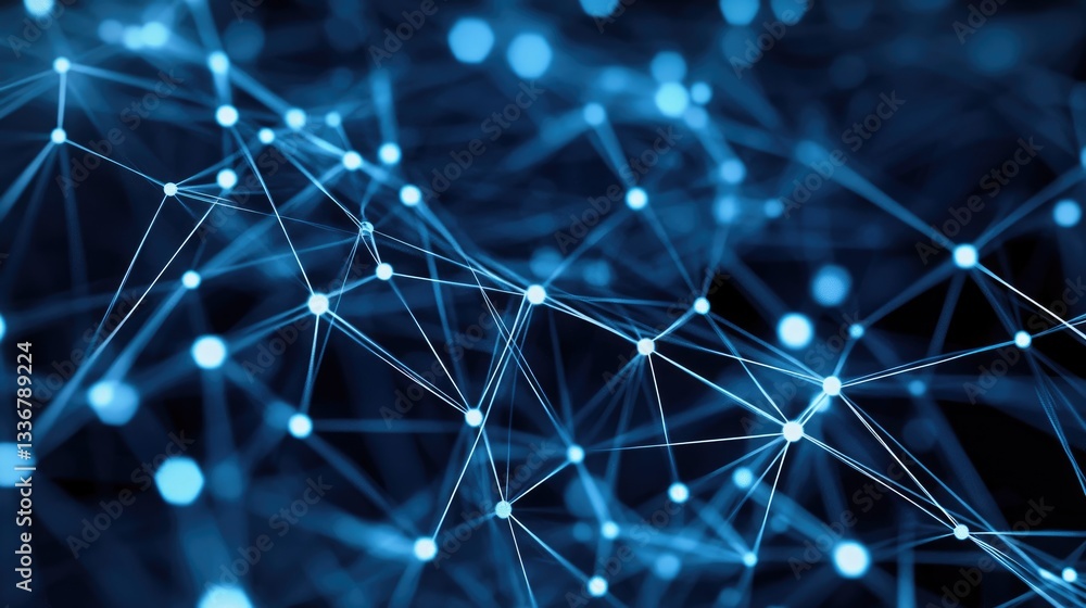 Poster abstract digital network with interconnected nodes representing global data flow.