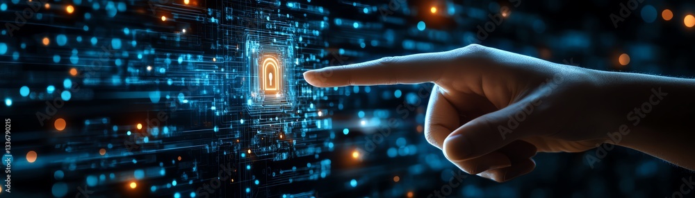 Poster cybersecurity and data protection, a hand pointing to a digital lock symbolizing privacy and encrypt