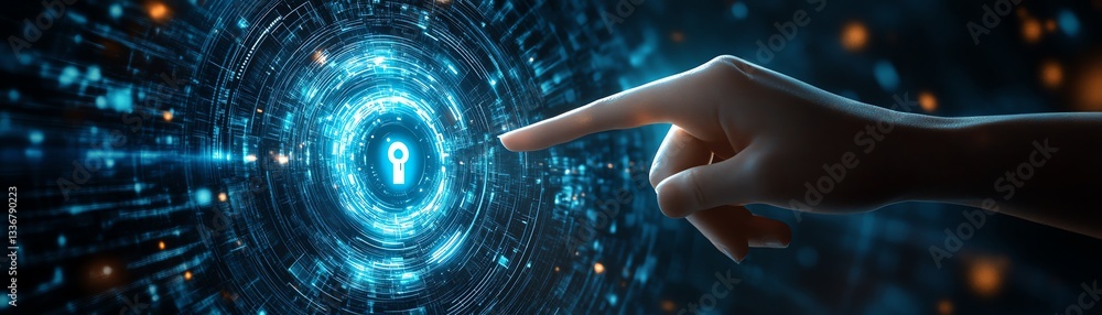 Poster cybersecurity and data protection, a hand pointing to a digital lock symbolizing privacy and encrypt