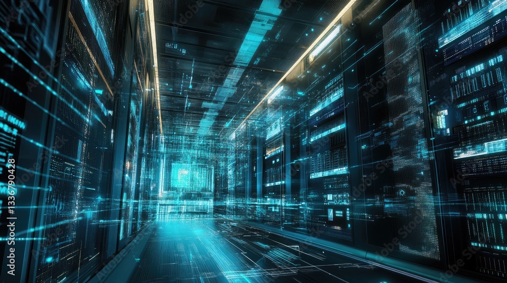 Poster abstract futuristic server room with illuminated data exchange lines.