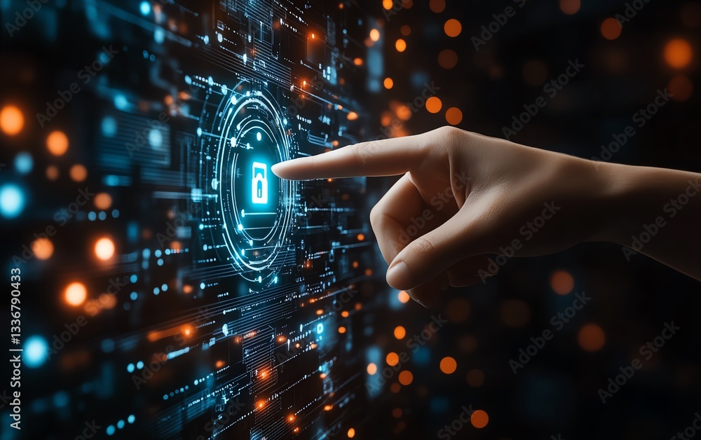 Poster digital security concept, a hand pointing at a digital lock, representing data protection and encryp
