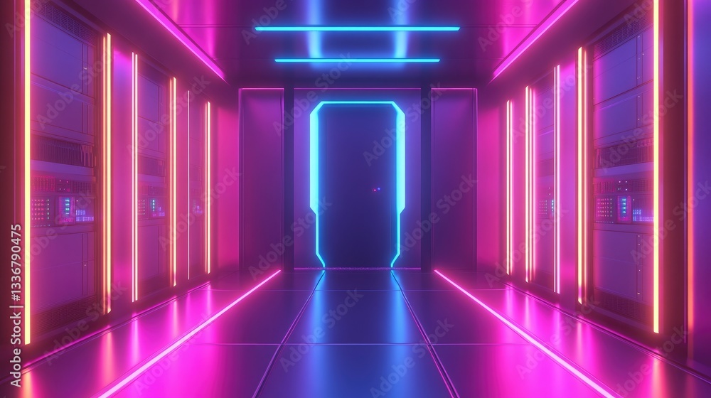 Poster abstract futuristic server room with illuminated data exchange lines.