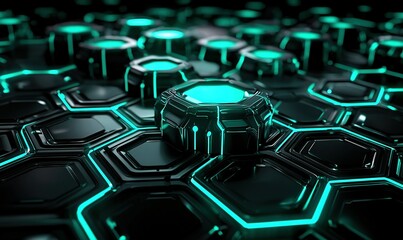 Fototapeta premium Abstract digital pattern of dark hexagons with glowing teal centers, conveying tech & futuristic vibes