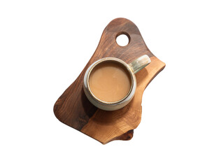 Wooden cutting kitchen board with a cup of coffee isolated on white background. Flat lay with copy...