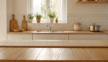 Fototapeta premium Empty wooden table with the bright white interior of the kitchen as a blurred background behind the bokeh golden sunshine