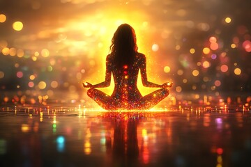 Woman meditating sunset beach peace