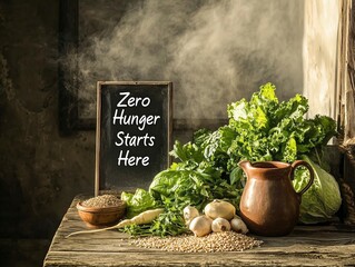 Fresh vegetables with a message promoting zero hunger on a rustic table.