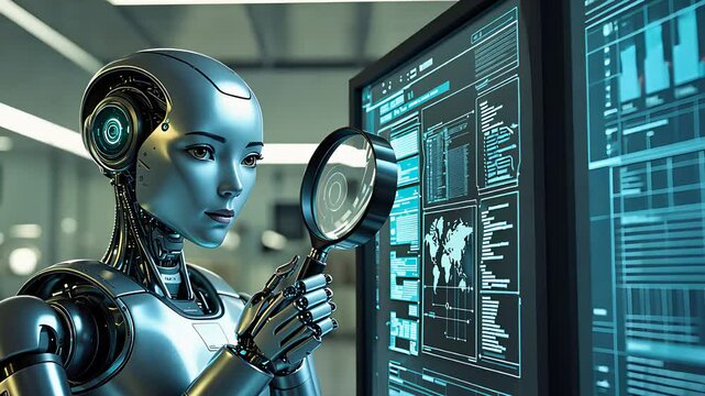 Futuristic Humanoid Robot Analyzing Data on a Digital Screen with a Magnifying Glass in a High-Tech AI Research Lab

