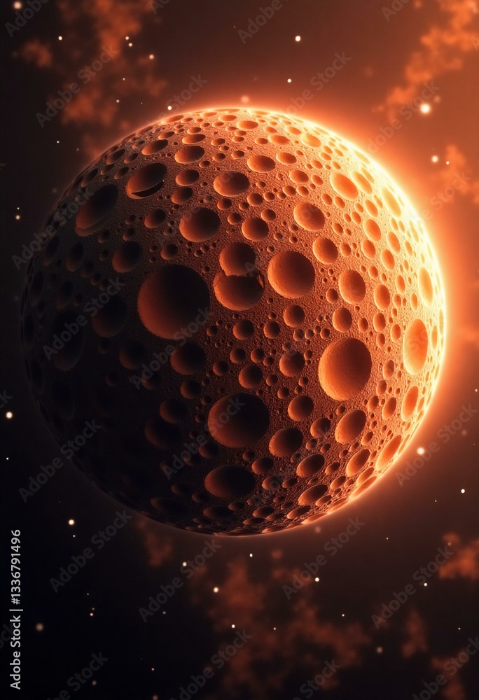 Poster a vibrant red planet features a surface marked by numerous craters, basking in sunlight while surrou