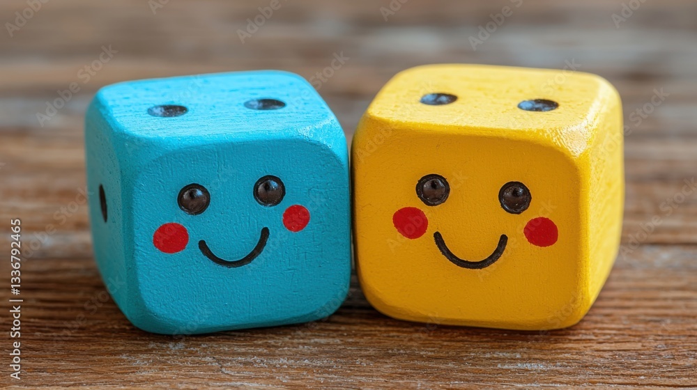 Poster two vibrant colorfully painted dices symbolizing customer emotions and decision-making in a playful 