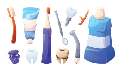 Dental care set. Vector isolated cartoon illustrations of toothbrush, toothpaste, floss, implant, drill, and healthy and decayed teeth. Oral hygiene, dentistry, and healthcare concept.