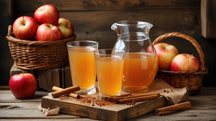 Delicious apple cider refreshing drink with cinnamon and fresh apples on wooden table