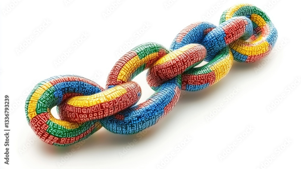 Poster abstract representation of a linked chain icon made of binary code.