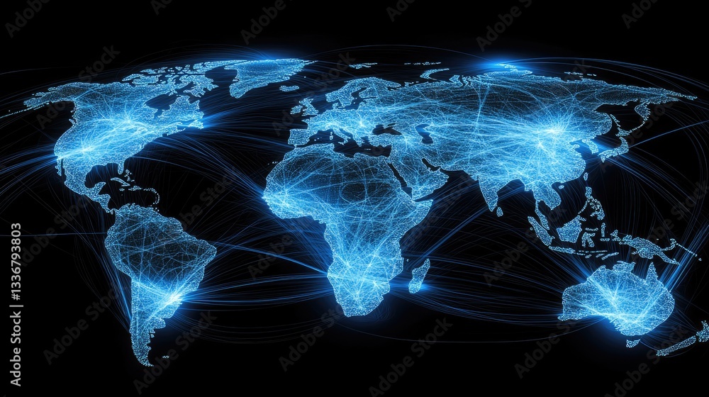 Poster abstract visualization of a global it network with glowing blue connections.