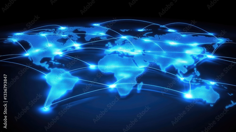 Poster abstract visualization of a global it network with glowing blue connections.