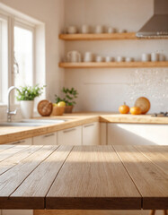 Empty wooden table with the bright white interior of the kitchen as a blurred background behind the bokeh golden sunshine
