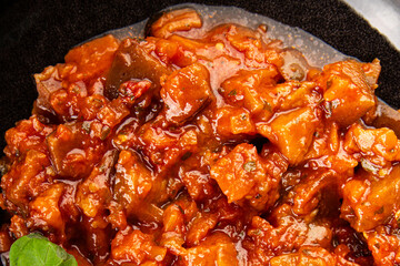 Eggplant stew dish vegetables salad tasty fresh delicious gourmet food background on table rustic food top view copy space keto and paleo diet vegetarian and vegan food