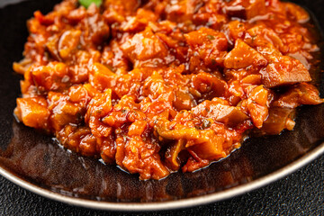 Eggplant stew dish vegetables salad tasty fresh delicious gourmet food background on table rustic food top view copy space keto and paleo diet vegetarian and vegan food