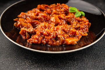 Eggplant stew dish vegetables salad tasty fresh delicious gourmet food background on table rustic food top view copy space keto and paleo diet vegetarian and vegan food