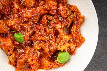 Eggplant stew dish vegetables salad tasty fresh delicious gourmet food background on table rustic food top view copy space keto and paleo diet vegetarian and vegan food