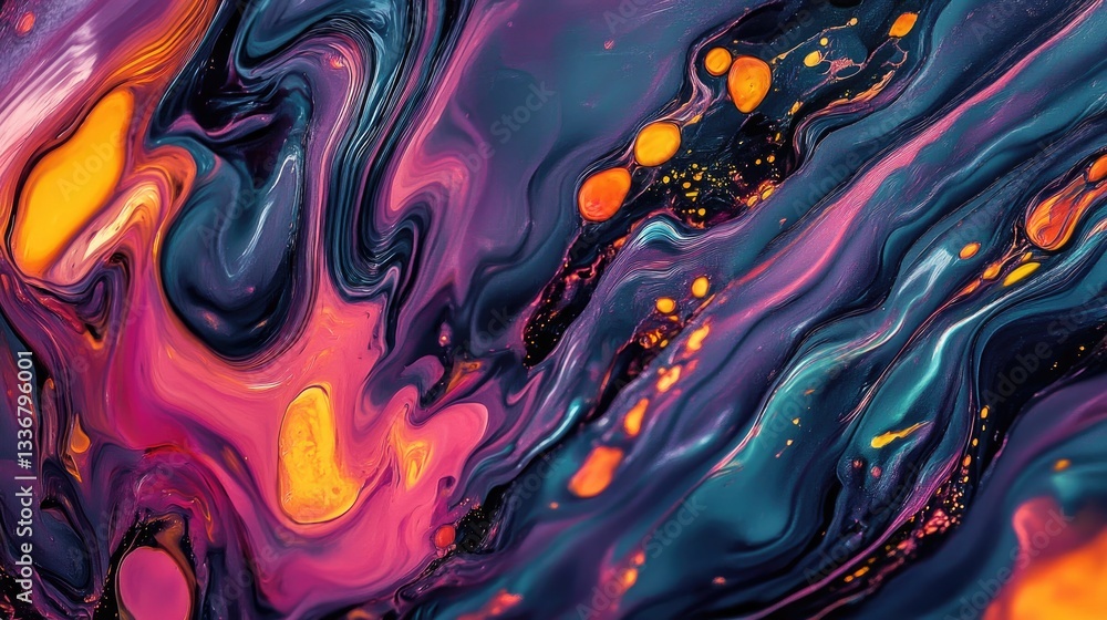 Aufkleber a fluid mix of neon colors in motion, creating a mesmerizing paint explosion with intense textures.