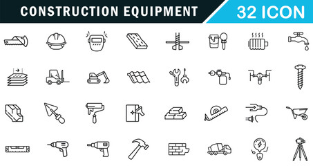 Construction Equipment outline editable icon set. hand, electric, machine tools and more.