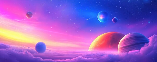 A stunning cosmic scene featuring colorful planets among vibrant clouds and a starry background, creating a mesmerizing view of the universe.