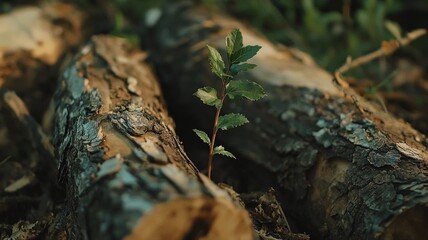 Fototapeta premium A small green sapling emerges between fallen logs in a quiet forest clearing, symbolizing hope, resilience, and the cycle of regrowth after destruction. 