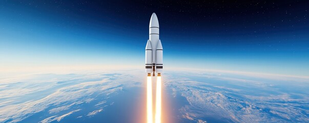 A rocket launches into space, leaving a trail of flames, set against a backdrop of clouds and the blue expanse of the Earth.