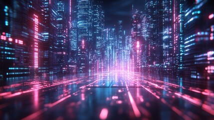 Fototapeta premium Dynamic futuristic cityscape urban environment digital art neon lights perspective innovation and technology