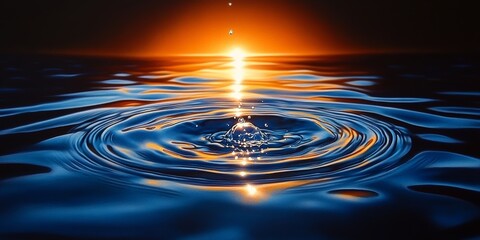 Sunset reflections water droplets creating ripples in tranquil lake serene evening aesthetic nature photography