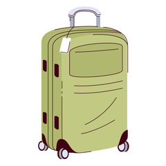 Fabric backpack with wheels and handle. Green luggage with pocket, trolley bag of tourist. Baggage, journey mascot, travel backpack cartoon vector illustration