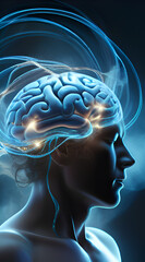 Obraz premium 3d rendered illustration of human brain glowing against dark background