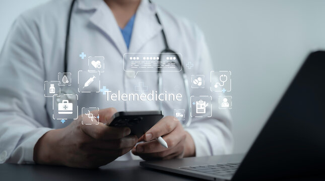 Doctor using smartphone and digital interface to perform a remote consultation, symbolizing telemedicine and AI-driven healthcare solutions. Smart digital health services, online patient care