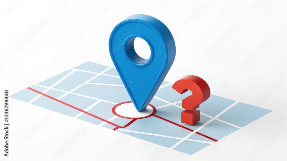 Poster location puzzle: an artistic representation of a map with a blue location marker and a red question 