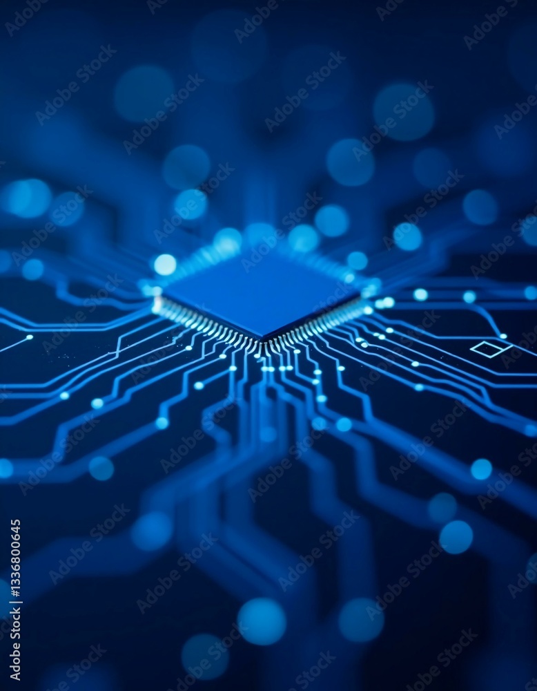 Poster vibrant blue lines radiate from a central microchip, symbolizing the complex connections that drive 