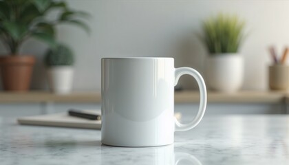 White coffee mug on marble table with blurred background and plants for modern workspace