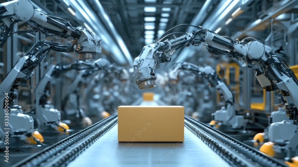 Poster ai-driven robotic packaging line efficiently handling product assembly.