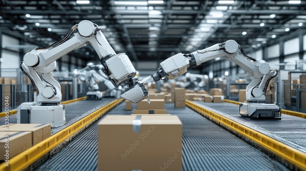 Poster ai-driven robotic packaging line efficiently handling product assembly.